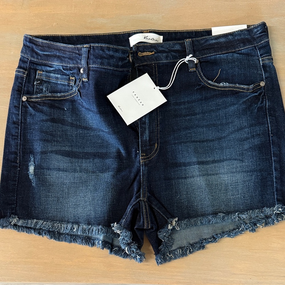 KanCan Dark Indigo Frayed Hem Jean Shorts